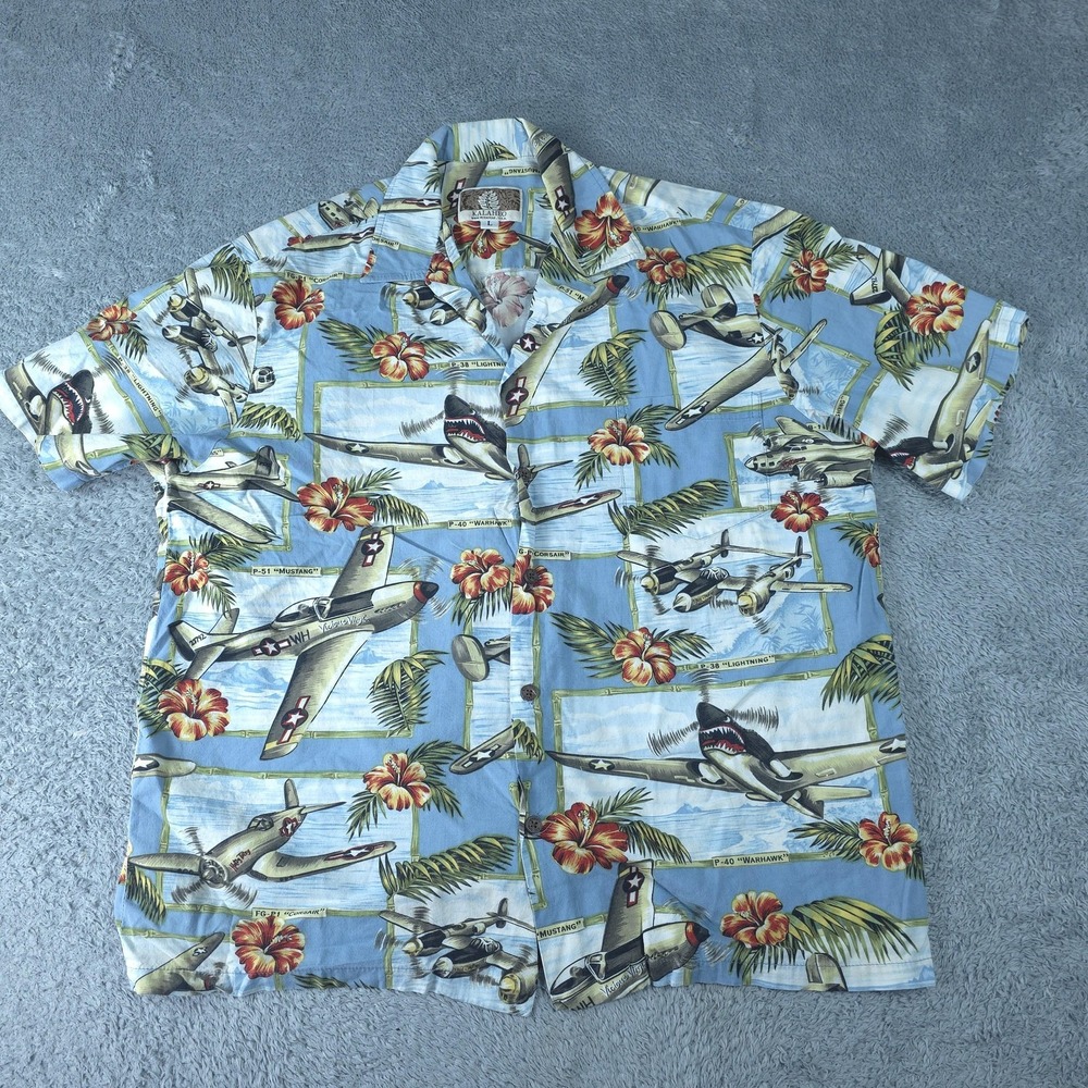 Vintage Kalaheo Shirt Mens Large Blue Hawaiian Airplanes Button Up USA